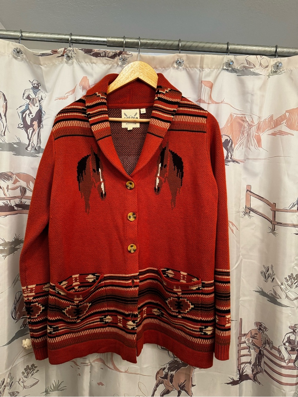 Rust Red Southwestern Shawl Collar Women's Cardigan